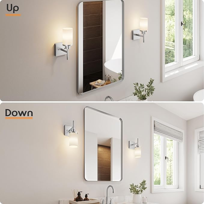 Bathroom Light Fixtures Brushed Nickel Vanity Lights with White Frosted Glass Shade, Wall Lamp for Mirror Kitchen Bedroom Living Room Porch T001BR-L1