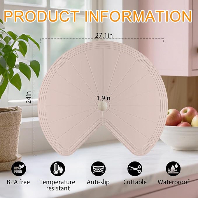 Lazy Susan Silicone Shelf Liner – Non-Slip Dual Tier Pie Cut Lazy Susan Liners for Kitchen Cabinet, 2PCS Set – Waterproof, Heat-Resistant & Anti-Slip Organizer Mat (Khaki, 27 Inch)