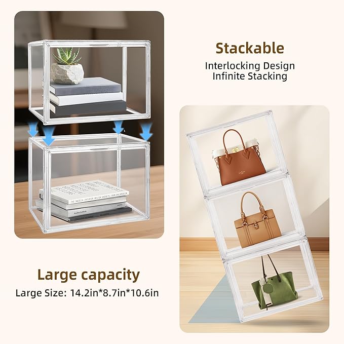 Clear Acrylic Display Case – Stackable Storage Box with Magnetic Lid, Dustproof Organizer for Collectibles, Figures, Shoes, and Books – Large Size 14.2"x8.7"x10.6"