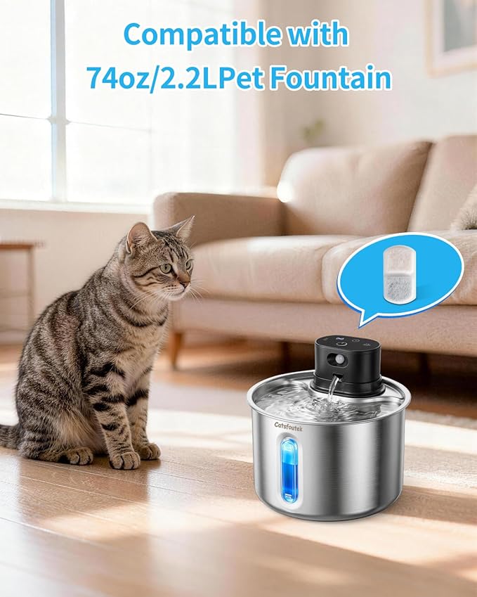 12 Pack Wireless Cat Water Fountain Replacement Filter, Cordless Stainless Steel Cat Fountain for 74oz/2.2L Rechargeable Automatic Pet Water Fountain for Cats