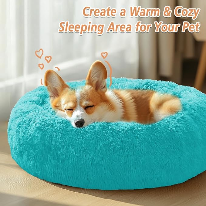 Calming Donut Dog Bed — Large 36", Anti-Anxiety Faux Fur, Washable (Aqua Blue)