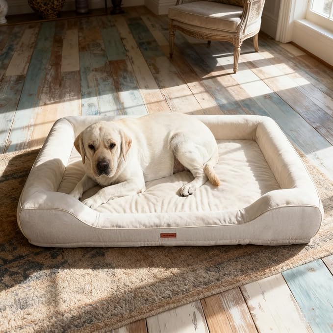 Orthopedic Dog Beds for Extra Large Dogs, Waterproof Cooling Gel Memory Foam XL Pet Bed with Sides, Non-Slip Bottom and Egg-Crate Foam with Washable Removable Cover,42.0" LX30.0 WX9.0 Th Beige