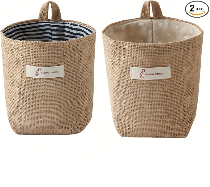 Washable Cotton Linen Hanging Organizer Bag for Door Wall Bedside | Washable Storage Pockets | Space Saving ，Reusable Closet Organizer (2Pack) (Deep blue stripes+yellow dots)