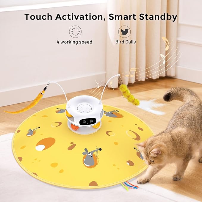 Interactive Cat Toys for Indoor Cats, 5 in 1 Hide and Seek Cat Toys with Motion Activated and Automatic Laser, Fluttering Feather & Dual Track Balls with Chirping for All Breeds, Rechargeable