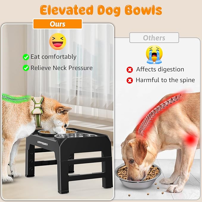 URPOWER Raised Dog Bowls 4 Height Adjustable Elevated Bowl Stand with Stainless Steel Water Bowl Non-Slip Dog Food Bowls Stand for Small Medium Large Dogs and Pets
