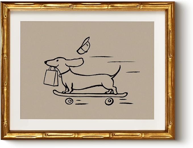 Cute Skateboarding Dog Gold Framed Canvas Wall Art 11x14, Modern Minimalist Courier Dachshund Line Drawing Animal Print, Playful Pet Artwork Living Room Bedroom Kids Room Office Gift Home Decor