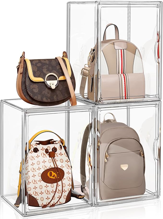 3 Packs Clear Handbag Storage Organizer for Closet, Acrylic Display Case for Purse Handbag, Stackable Purse Organizer Storage Box with Magnetic Lids for Wallet Book Collectibles