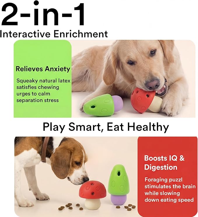 ZEZE Mushroom Treat Dispensing Dog Toy 2-Pack, Natural Rubber Slow Feeder Chew Toy, Interactive Puzzle for Boredom Relief & Feeding