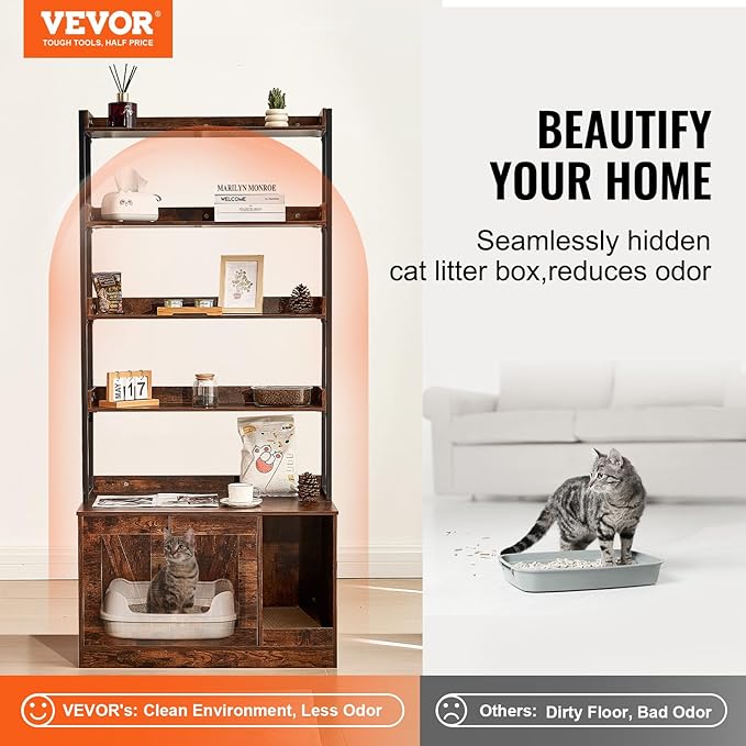 VEVOR Cat Litter Box Enclosure, Hidden Cat Box Furniture with 4 Storage Shelves, Large Cats House Cabinet Hidden Fit Most Litter Box, Wooden Cats Washroom Indoor, 33.5"L x 19.3"W x 72.3"H, Dark Brown