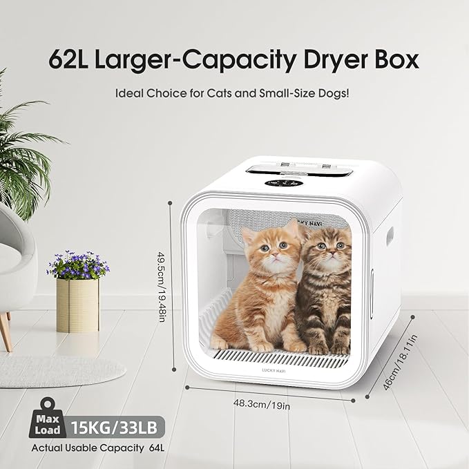 Lucky NAVl Automatic Pet Dryer Box for Cats and Small Dogs, Ultra Quiet 62L Big Capacity Dog Dryer Box, Cat Dryer Cage with Smart Temperature Control, 360" Pet Dryer Box for Pet Grooming(62.0L)