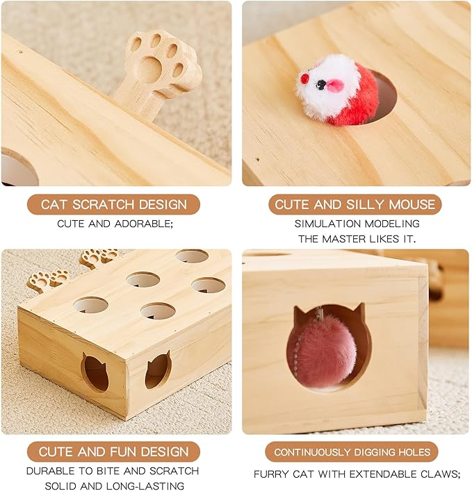 Wooden Whack-a-mole Interactive Cat Toy for Indoor Cats Interactive Pet Toy Box Cat Puzzle Toy for All Ages Cats for Indoor Play Exercise (5 Holes)