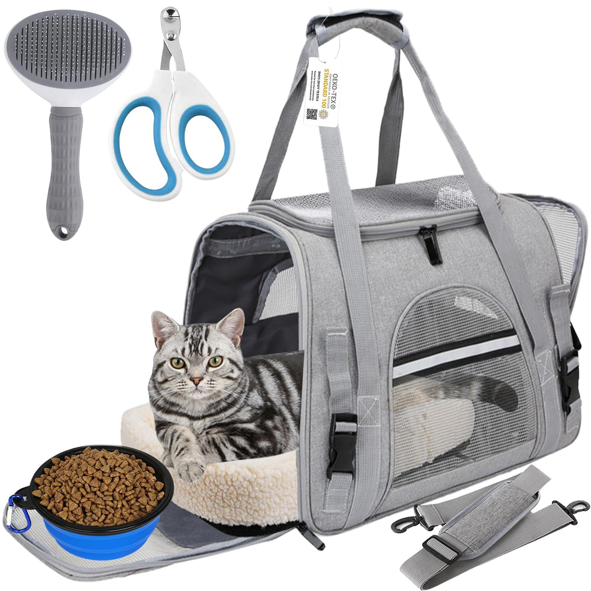 Pet Carrier Bag Airline Approved Up for Cats and Dogs Up to 20LBs, Soft Cat Carrier Dog Carrier Travel Kitten Carrier with Mat, Nail Clipper, Brush, Foldable Bowl Cat Accessories