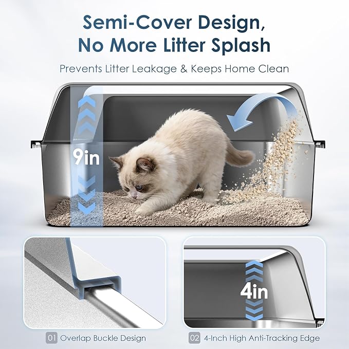 Stainless Steel Litter Box with Lid, 17.3”×13.4”×9" Kitty Litter Box for Kittens & Small Pets, High Sides Metal Cat Litter Box for Leak Proof, Easy to Clean, Non-Stick, Odor Control