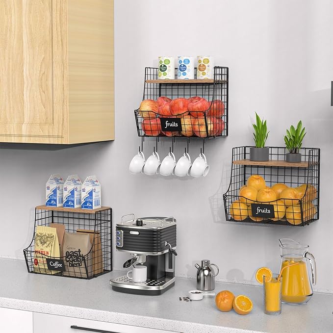3 Pack Fruit Basket for Kitchen with Wood Lid - Counter&Wall Mounted Onion and Potato Storage with Nameplate, Stackable Storage Basket, Hanging Metal Wire Baskets,11.5 * 10.63 * 8.66 Inch