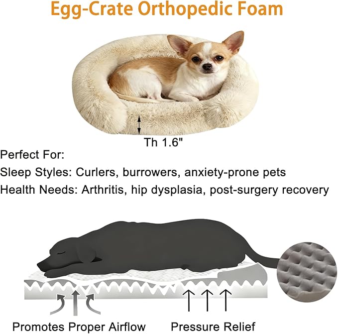 Calming Dog Bed for Small Medium Dogs, Anti-Anxiety Donut Washable Puppy Bed Orthopedic Cushion, Soft Fluffy Faux Fur Plush Warming Cozy Cat Bed, Fits up to 25 lbs Pets (Round, Beige 23")