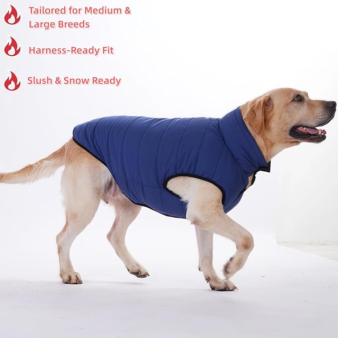 LovinPet Reversible Dog Puffer Coat for Medium & Large Dogs, Down‑Insulated Winter Jacket, Water‑Resistant & Wind‑Resistant, Anti‑Static, Dual-Sided Blue & Black for Cold Weather,2XL