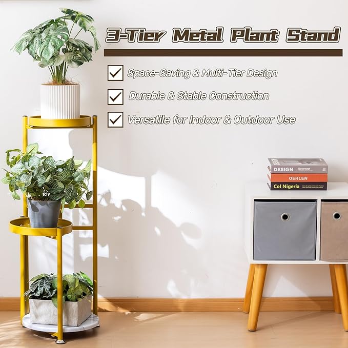 CHPHI Plant Stand Indoor Outdoor, 3-Tier Metal Flower Shelf Pot Holder , Corner Rack for Multiple Plants, Multiple Plants Rack Narrow Display Organizer for Patio Orchid Office Porch Living Room Garden (gold)