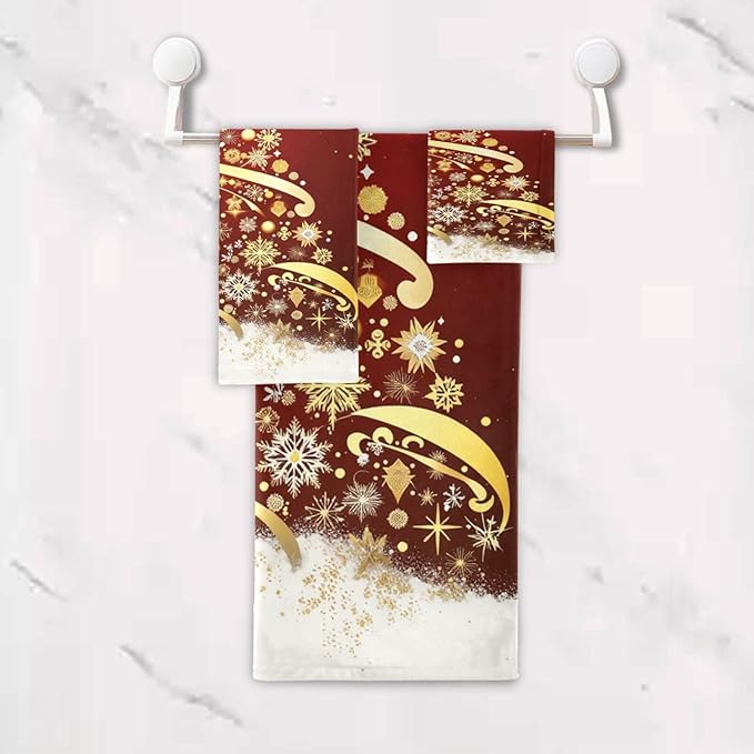 Pfrewn Golden Snowflakes Christmas Tree Forest Towels Set of 3 Winter Red Snowy Christmas Bathroom Towel Soft Absorbent Bath Hand Towels Washcloth Guest Towel Sets Xmas Holiday Decor