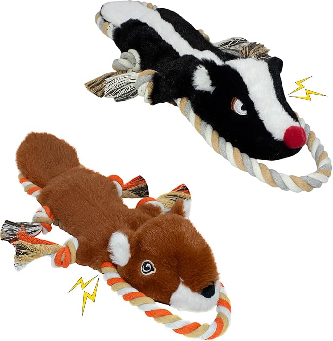 Dog Squeaky Toys, No Stuffing 2-Pack Dog Toys, Crinkle Plush Dog Toys to Keep Them Busy, Rope Dog Toys for Tug of War, Animal Shapes Dog Toys Bundle for Large, Medium and Small Dogs(Skunk, Squirrel)