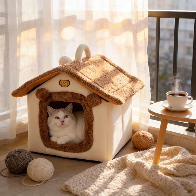 Lovely Cat Bed for Indoor Cats, Cartoon Pattern Cat Cave Bed with Handle Design, Soft Cat Hideaway Indoor Cat House for Kitten, Puppy & Small Pets (M)