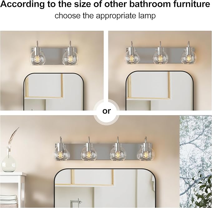 3-Light Bathroom Light Fixtures, Brushed Nickel Vanity Light, Modern Wall Lights with Clear Glass Shade, Bathroom Wall Lamp for Mirror Kitchen, Bedroom, Hallway,Living Room