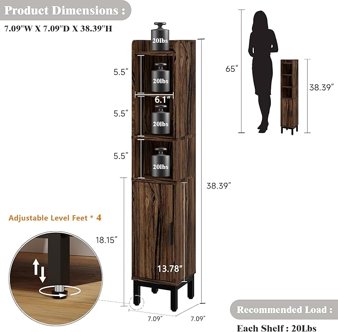 Small Bathroom Storage Cabinet, Corner Floor Cabinet with Door and Shelves, Narrow Toilet Paper Cabinet, Bathroom Organizer with Adjustable Shelf, for Small Spaces (Walnut, 5-Tier)
