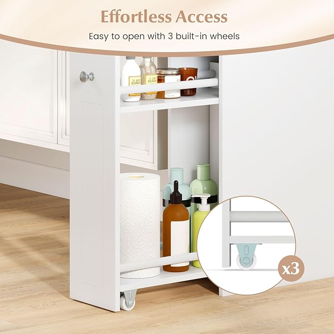 Giantex Slim Bathroom Storage Cabinet, Space-saving Toilet Side Cabinet with Slide-out Drawers on 3 Wheels, Freestanding Narrow Toilet Paper Holder for Living Room, Laundry Room, Compact Space (White)