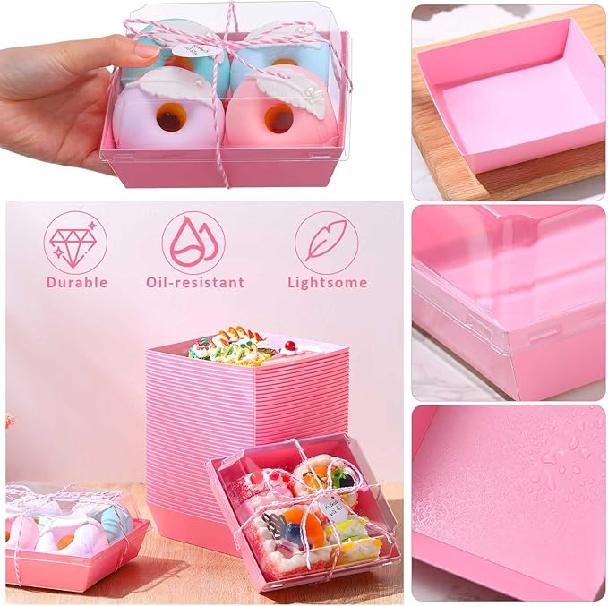 Outus 100 Pack Charcuterie Boxes with Clear Lids, 5.7 x 5.1 '', Mother 's Day Back to School Paper Food Containers Cake Take out Bakery Boxes with Gift Tags Rope for Desserts(Pink,Classic)