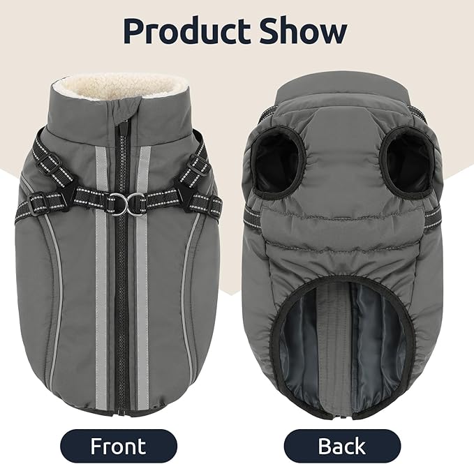 Dog Winter Coat with Harness Built in Warm Puffer Dog Jackets for Small Medium Large Dogs Windproof Waterproof Outfit with Plush Lining and Reflective Stripes (Grey, M)