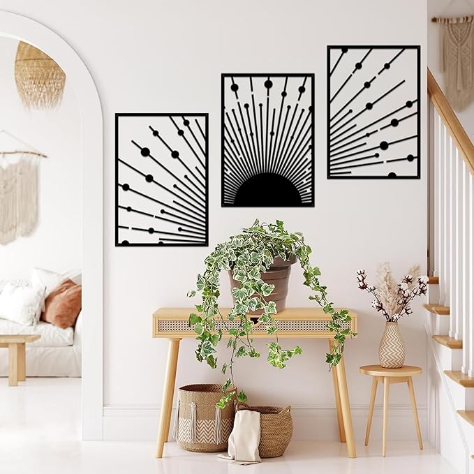 ruelen Metal Sun Wall Decor - Large Minimalist Sun Line Art Sculpture for Modern Home & Outdoor Decor, Set of 3 (40x28cm) - Nautical Black Sunshine Design