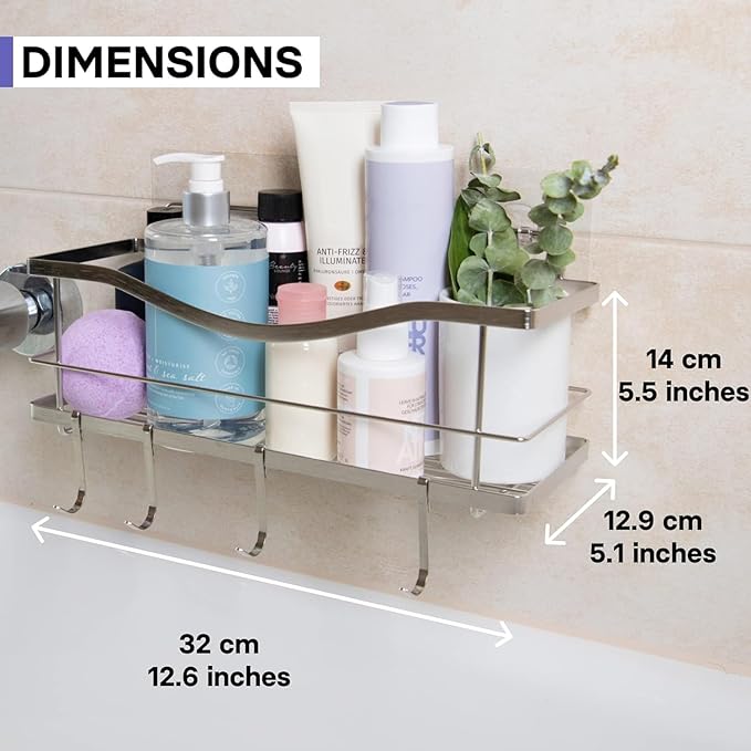 Luxury Multipurpose Storage Caddy, 12.75W x 5D x 5H inches, 4 Hooks, Peel and Stick, Rustproof Stainless Steel, Shower Organizer, Under-Sink, Spice Rack Wall Shelf (16)