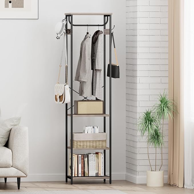 Coat Rack With Hanging Rod, Garment Rack With 3 Wooden Shelves and 4 Hooks, Freestanding Hall Tree, Industrial Clothes Rack Stand Organizer, Greige and Black