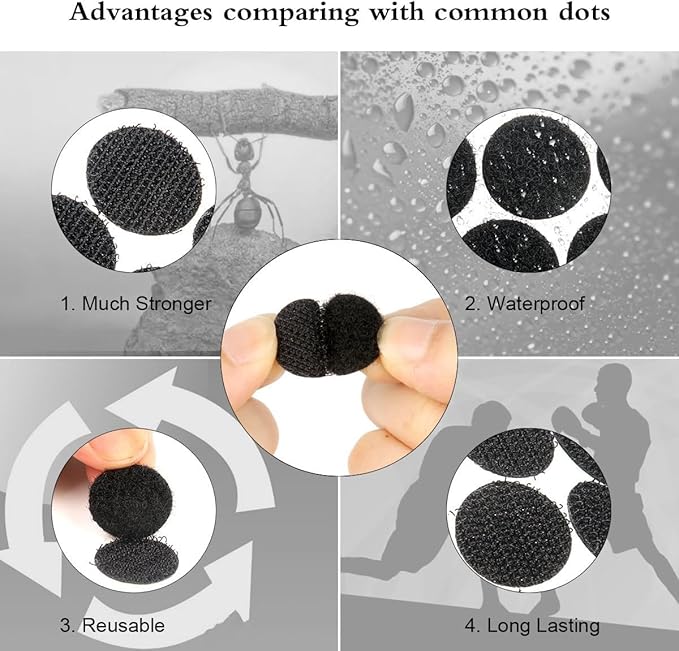 Self Adhesive Dots, Strong Adhesive 1600pcs(800 Pairs) 0.59 inch Diameter Sticky Back Hook Nylon,Loop Strips with Waterproof Sticky Glue Tapes for Classroom, Office, Home(Black)