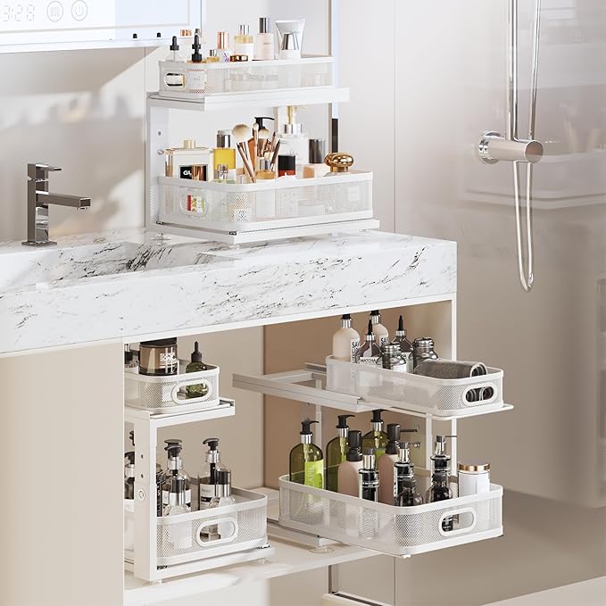 4 Pack Under Sink Organizer With Next-Gen Ball-Bearing Slides,2-Tier Precision Mesh Pull Out Cabinet Drawers Storage for Bathroom&Kitchen,Height Adjustable Shelf,Rust-resistant-White