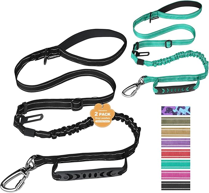 2 Pack Heavy Duty Dog Leash for Medium Large Dogs That Pull,4-6FT Shock Absorbing Bungee Tactical Dog Leash with 2 Padded Handle Car Seatbelt,Reflective Walking Training Lead,Black Teal