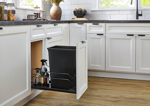 Rev-A-Shelf 35 Qt Pullout Under Cabinet Kitchen Trash Can w/Soft-Close Slides for 15” Base Cabinets, Black, 53WC-1535SCDM-118 - Container Bin for Waste Management