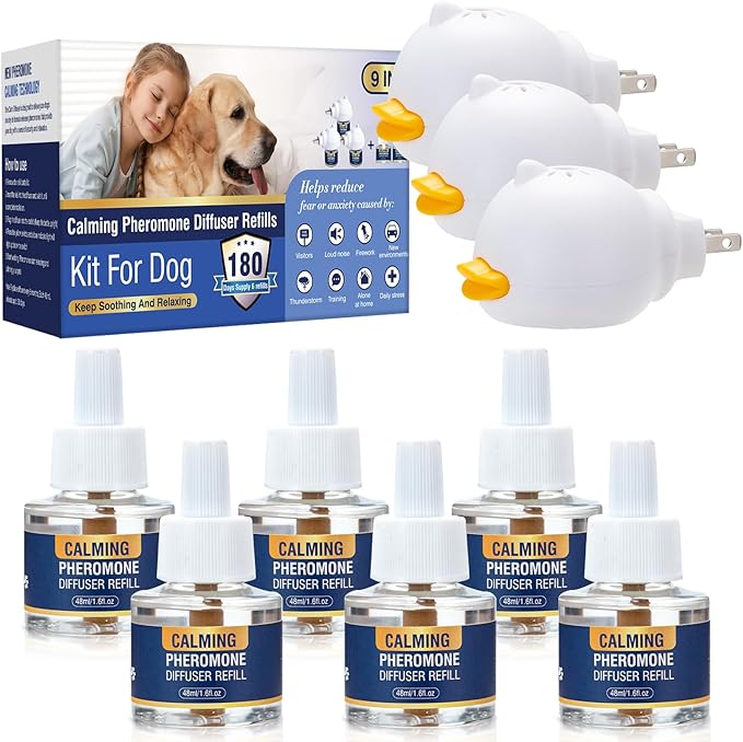Dog Pheromones Calming Diffuser Kit Appeasing Pheromone Diffuser to Calm (3 Plug in+ 6 Pack 48ml Refill) for Anxiety Relieve Relief Reduce Aggression Fighting Barking Stress 180 Day Supply