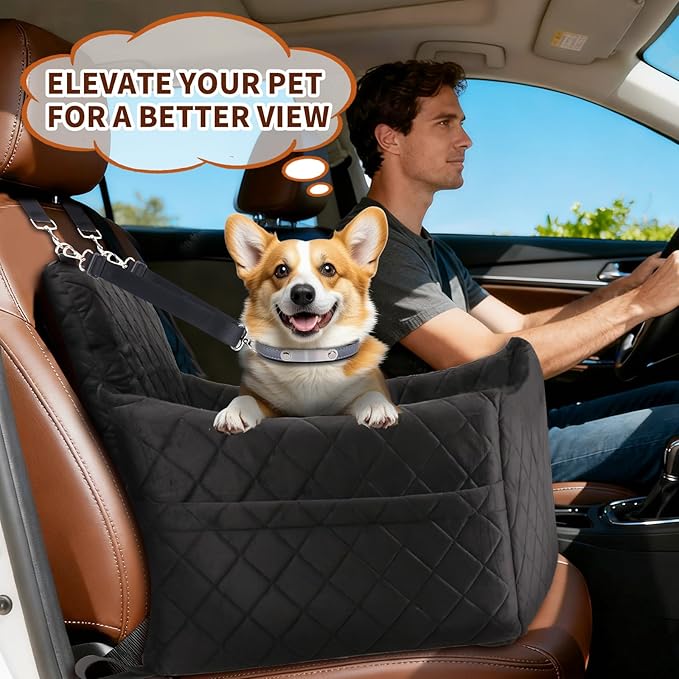 Dog Car Seat for S/M Dogs, Memory Foam Dog Booster Car Seat Up to 35lbs, Detachable Washable Pet Travel Bed with Side Pockets and 2 Safety Belts, Easy to Install (Black)