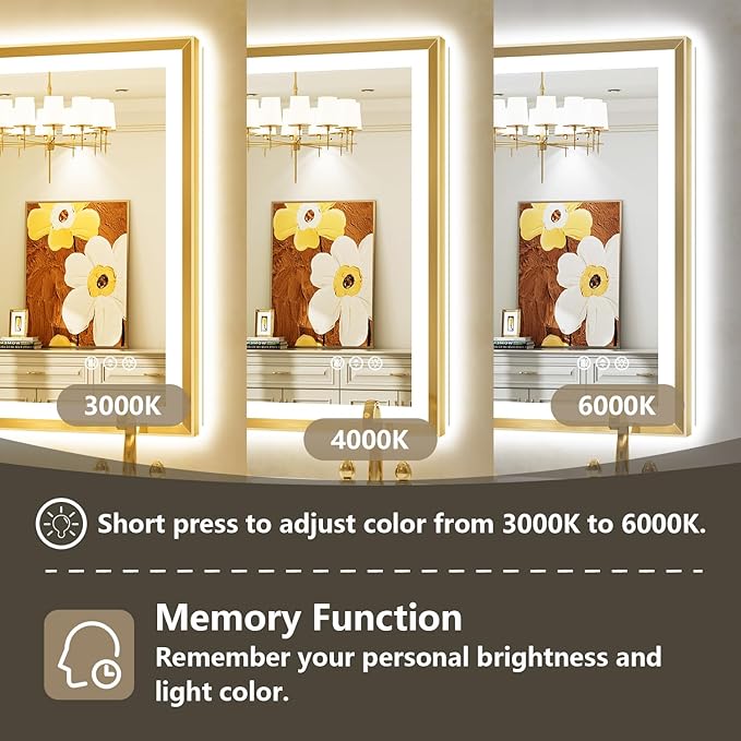 48x38 Gold Framed LED Bathroom Mirror with Lights, Backlit and Front Light, Lighted Bathroom Vanity Mirror for Wall Dimmable Anti-Fog Memory Tempered Glass Horizontal/Vertical