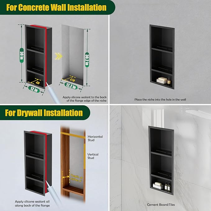 EasyVibe 3-Tier Matte Black 304 Stainless Steel Shower Niche 30 x 12 Inch, No Tile Needed Triple Shelf Recessed Wall Organizer, Pre-Finished Large Storage Insert for Shower & Kitchen