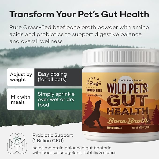 Wild Foods Dog Bone Broth Powder – 100% Natural & 4.76oz US Made Bone Broth for Dogs Support Digestion, Gut & Joint Health – Non Fillers Rich in Gelatin, Glutamine & Proline