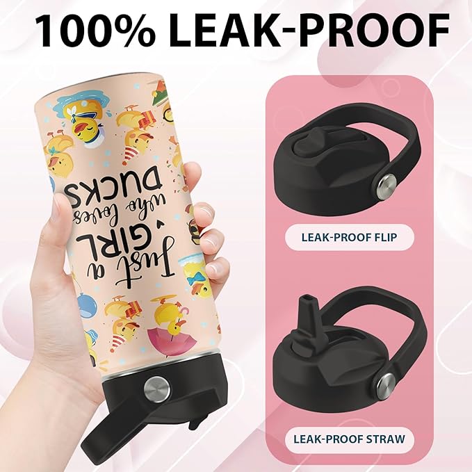 Duck Gifts, 16 oz Water Bottle with Straw Lid, Stainless Steel Insulated Water Bottle, Cute Duck Cup Gifts for Birthday Chritmas (1pcs)