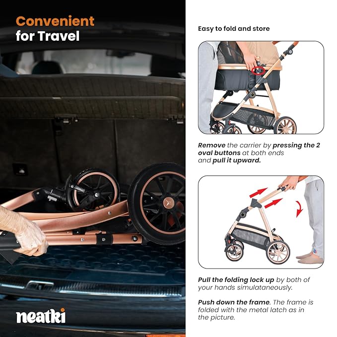 3 in 1 Pet Stroller for Small to Medium Dogs and Cats up to 55 lbs with Detachable Carrier/Car Seat, 34.44x24.21x 42.91, Foldable and Lightweight, Detachable Cushion + Cup Holder (Gray)