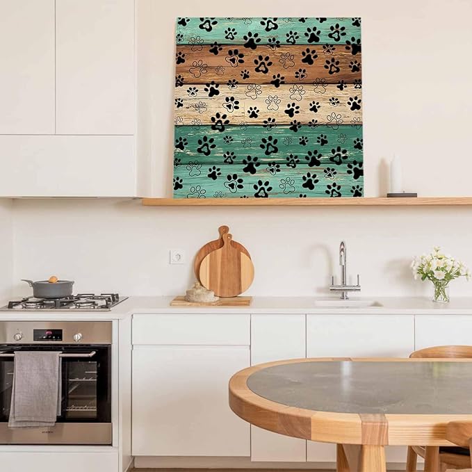 Framed Canvas Wall Art for Living Room Dog Paw Print Wall Decor, Retro Brown Sage Green Wood Grain Aesthetic Paintings for Bedroom Office Kitchen Bathroom, Ready to Hang Wall Pictures 24x24 Inch