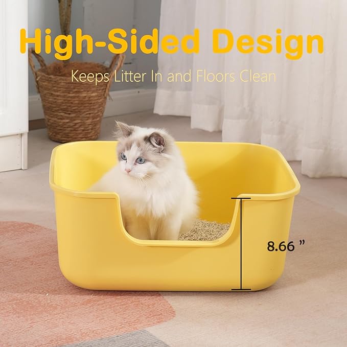 Large Cat Litter Box with High Sides,Cat Boxes for Indoor Cats,Cat Litter Pan for Kitty,Litter Box with Low Entry,Easy to Clean,Anti-Splashing (Green-Long Side Entry)