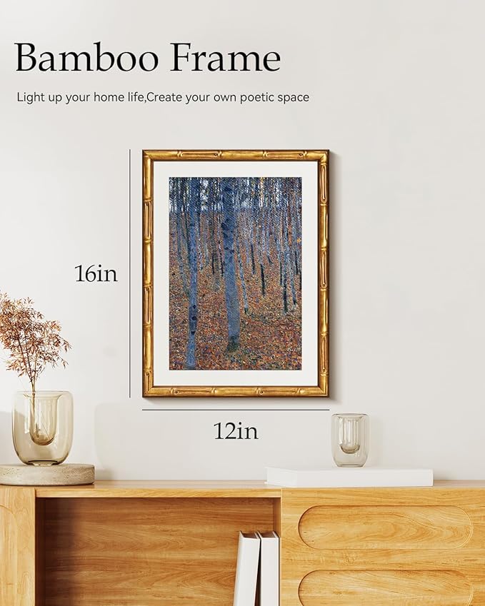Vintage Gold Framed Canvas Wall Art 12x16 Inches Abstract Woodland Impressionist Artwork, Blue Orange Tones Landscape Painting, Modern Gallery Style Living Room Bedroom Office Bathroom Decor