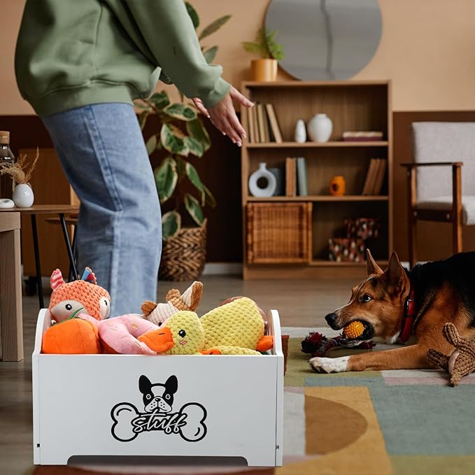 Marsui Wooden Dog Toy Bin Basket with Handle Large Dog Stuff Storage Box Cute Pet Stuff Organizer for Chew, Blankets, Leashes, Food Gift for Living Room Area(White,13.78 Inch)