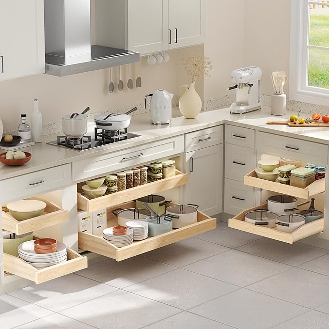 ROOMTEC Pull Out Cabinet Organizer with Soft Close, 13-1/2" W x 21" D, Pull Out Cabinet Drawer for Kitchen cabinets, Pull Out Cabinet Shelf, Finished, Bottom Assembly