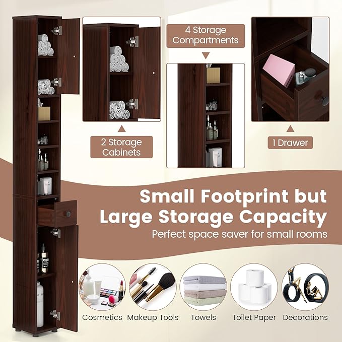 SIMOE Slim Bathroom Tall Cabinet - Freestanding Floor Storage Organizer with 2 Doors, 1 Drawer & 5 Adjustable Shelves, Hardwood Narrow Linen Tower for Small Spaces, 8"x8"x71"