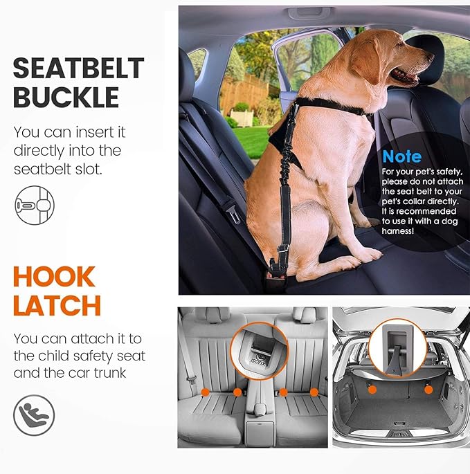2 Pack Black Dog Seat Belt, Adjustable Dog Car Safety Belt with Reflective Bungee, Rotatable Carabiner, Suitable for Medium to Large Dogs Up to 150 lbs